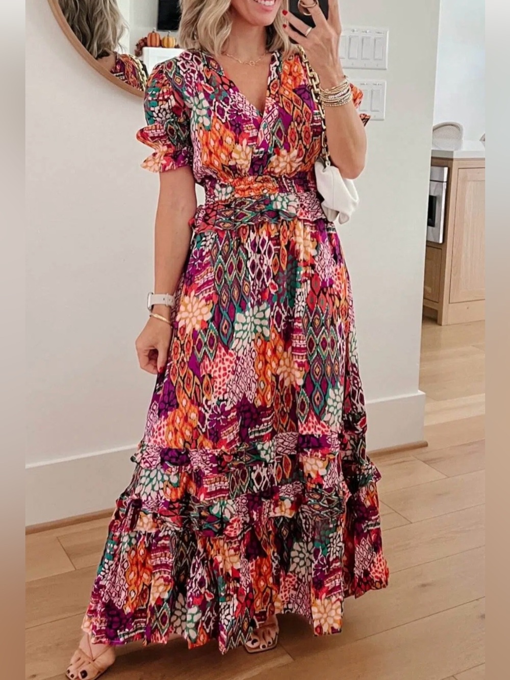 NWT Avara Bohemian Multicolor Short Sleeve Maxi Dress-Large Ret $112